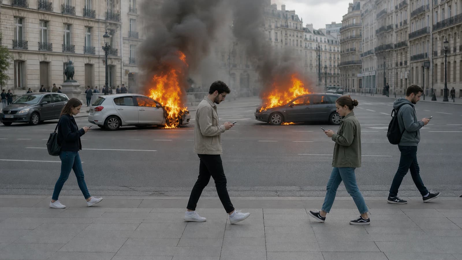 Kansei Magazine Issue 002 — Imperi: passers-by absorbed in their phones as two cars burn behind them